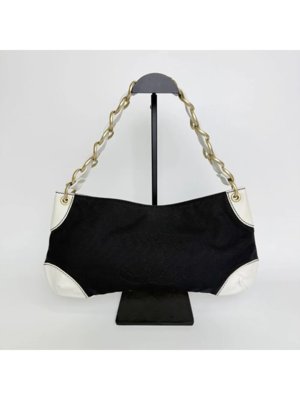 Chanel CC Logo Chain Shoulder Bag Canvas Leather Black White Gold Vintage